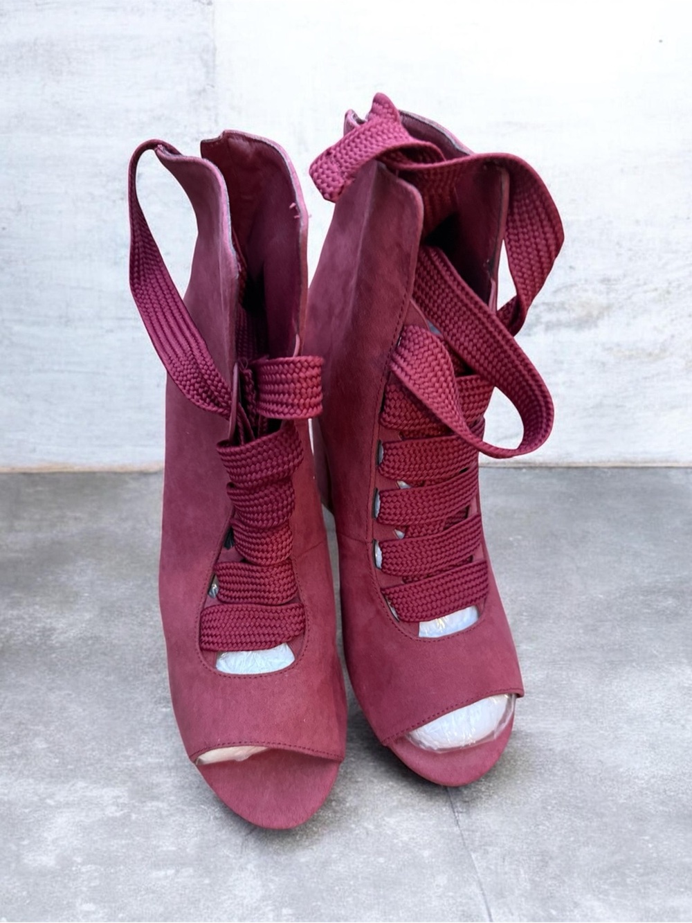 Women’s Open-Toe Lace-Up Booties in Wine